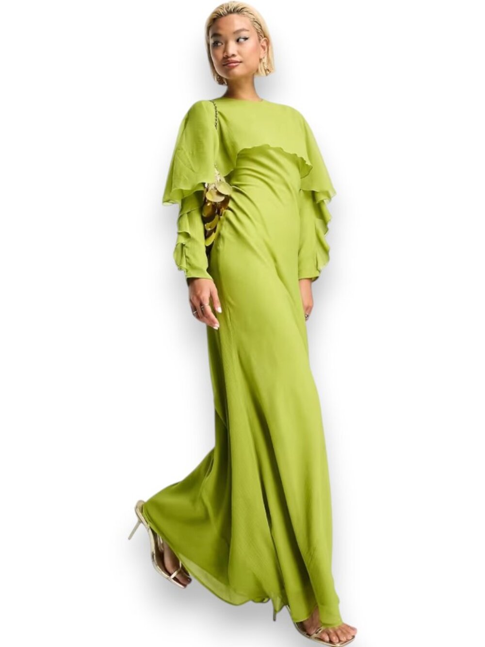 ASOS Modesty Long Sleeve Ruffle Bias Maxi Dress With Cape Olive Green Sz 6